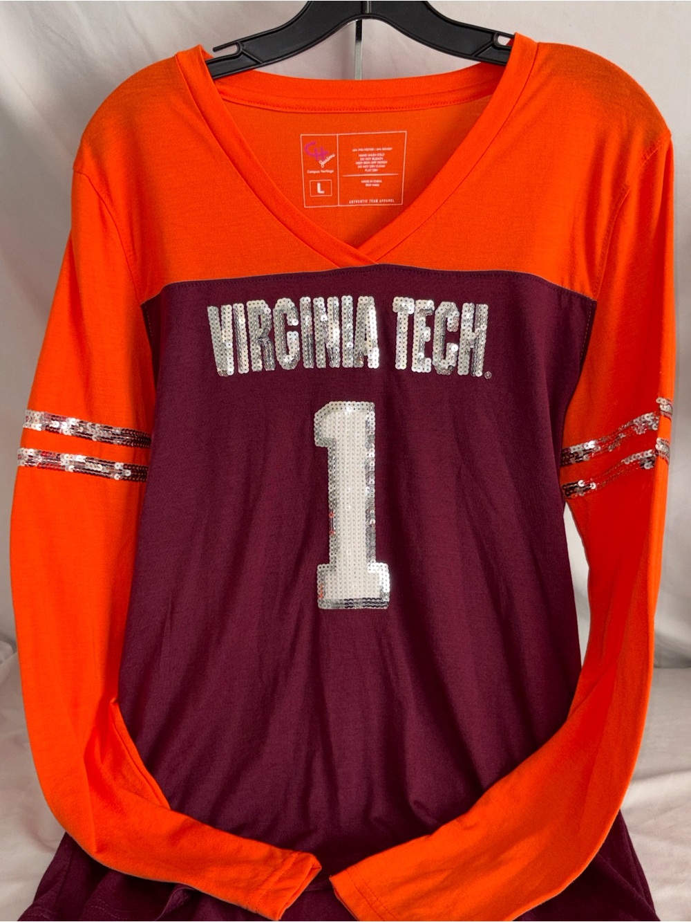 Campus Heritage Virginia Tech Sequin Football Long Sleeve Top - Orange & Maroon